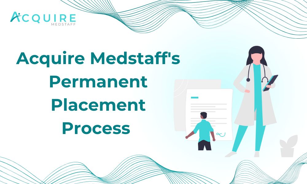 banner for the header titled ” Acquire Medstaff's Permanent Placement Process ” with illustrations of female doctor and a male signing a contract for permanent placement.