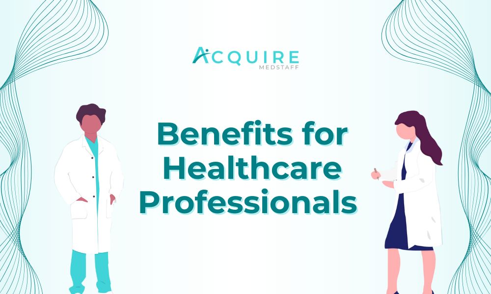 banner for the header titled ” Benefits for Healthcare Professionals ” with illustrations of a male & female doctors.