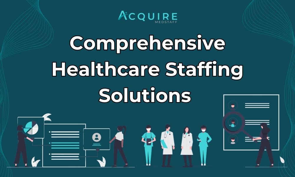 banner for blog titled – 'Comprehensive Healthcare Staffing Solutions' with healthcare workers and recruiting process illustration.