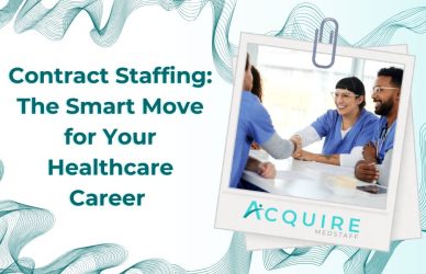 blog banner titled ” Contract Staffing: The Smart Move for Your Healthcare Career ” with a newly hired contract nurse shaking a hands with her colleague.